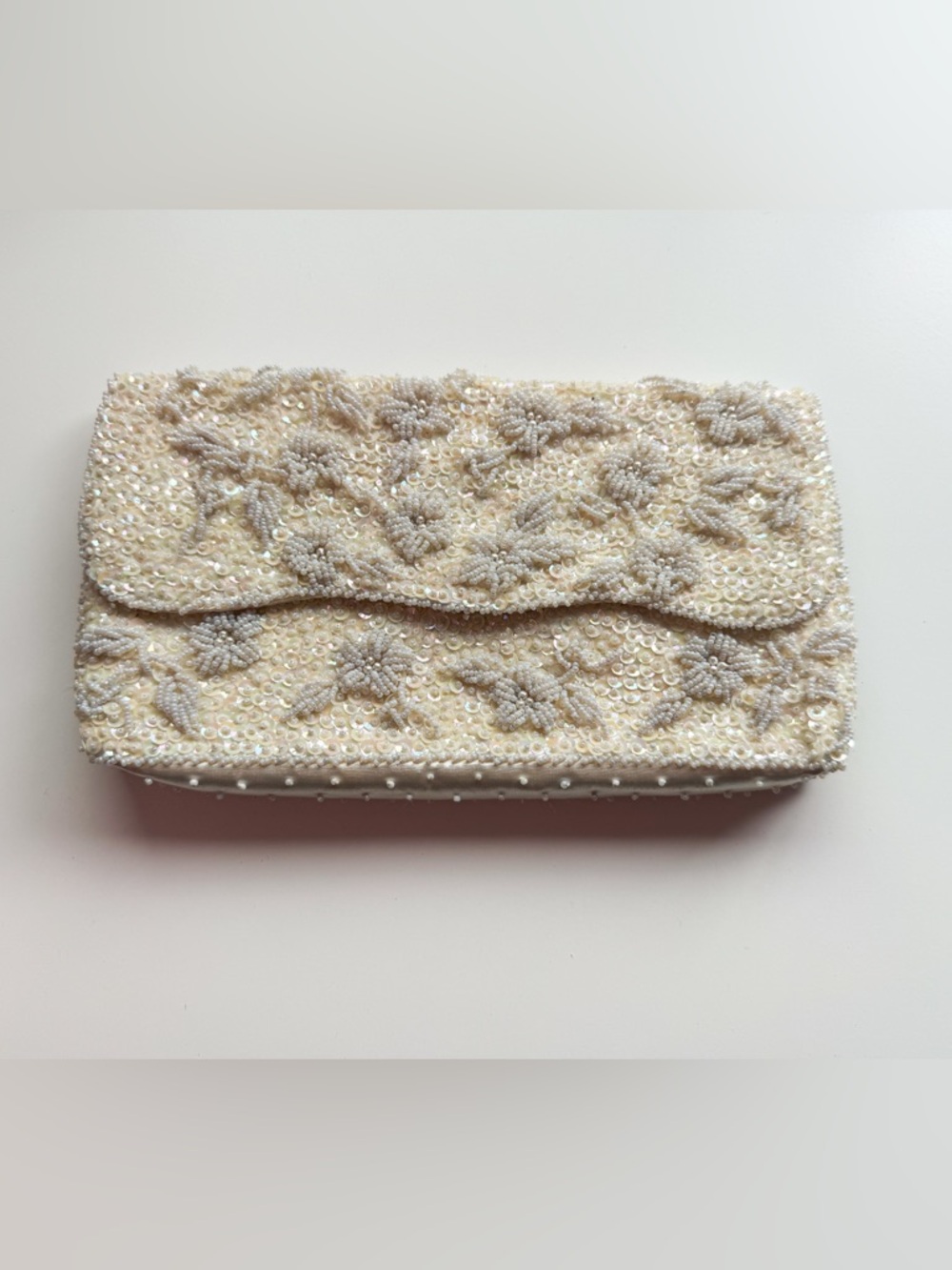 Beaded Floral Clutch Bag in Ivory - Wedding /Prom / Cocktail